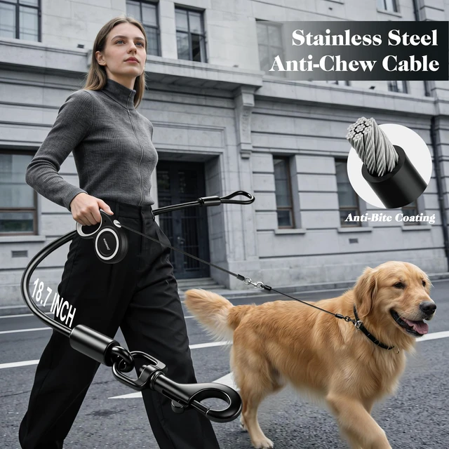 Alt view image 3 of 6 - Retractable Dog Leash with Stainless Steel Anti-Chew Cable for Small & Medium Dogs up to 50 lbs | 16 ft Strong Nylon Reflective Tape | Quick Lock System (Medium, White)