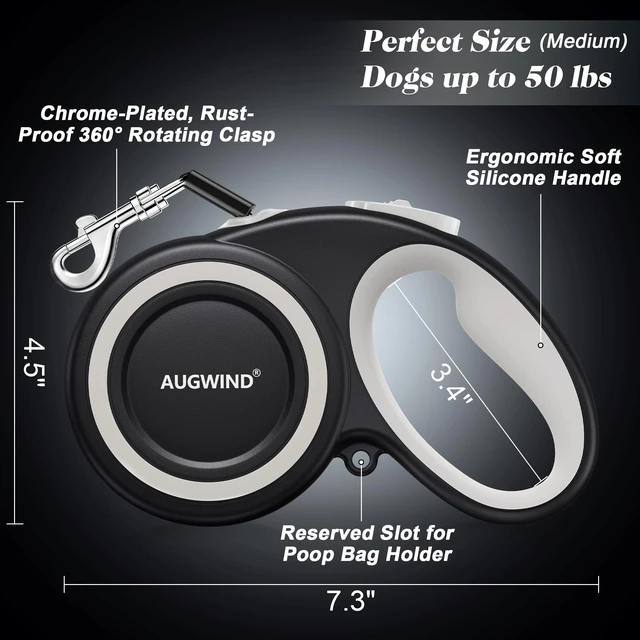 Alt view image 5 of 6 - Retractable Dog Leash with Stainless Steel Anti-Chew Cable for Small & Medium Dogs up to 50 lbs | 16 ft Strong Nylon Reflective Tape | Quick Lock System (Medium, White)