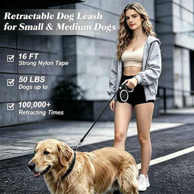 Alt view image 2 of 6 - Retractable Dog Leash with Stainless Steel Anti-Chew Cable for Small & Medium Dogs up to 50 lbs | 16 ft Strong Nylon Reflective Tape | Quick Lock System (Medium, White)