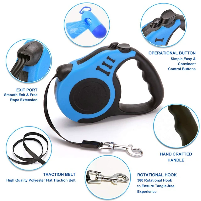 Alt view image 3 of 7 - Retractable Dog Leash for Medium - Small Dogs and Cats 16.5FT Tangle Free, Heavy Duty Walking Leashes with Anti Slip Handle, Pause and Lock Strong Nylon Tape, Store Dog Leash Retractable(Blue)