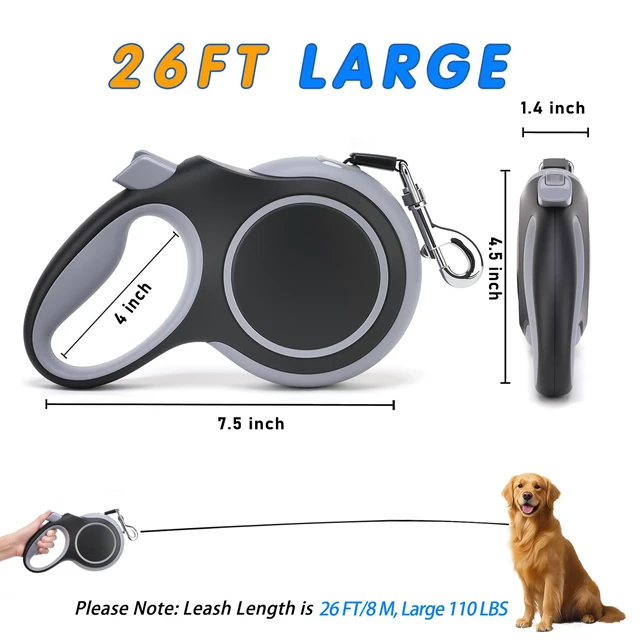 Alt view image 2 of 7 - Retractable Dog Leash 26 FT Tape for Medium Large Dogs up to 110 lbs | Anti-Slip Handle, Nylon Tape, Tangle-Free Swivel Clip, Auto-Locking Button, U-Shaped Guide