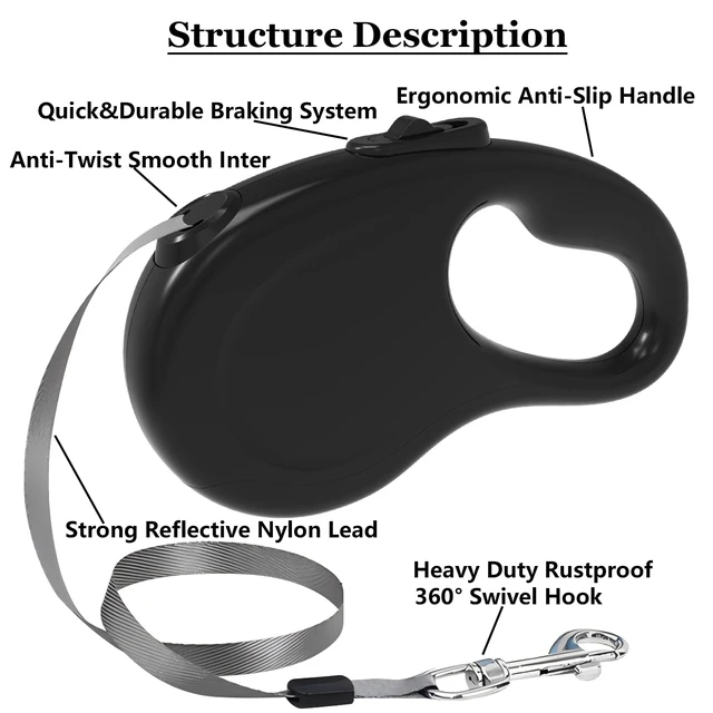 Alt view image 3 of 7 - Retractable Dog Leash for Small Medium Dogs, 16Ft/5M, Black | Light Weight, Up to 50lbs Dog, Strong Nylon Tape, 360° Tangle-Free, One-Hand Brake