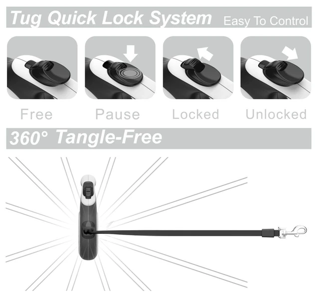 Alt view image 5 of 6 - Original Retractable Dog Leash, 16 ft (Small, White) | 360° Tangle-Free Retraction, 16 ft Tape, Quick Thumb Lock, Anti-Slip Handle, For Dogs Under 35 lbs