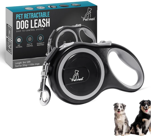 Main image of Retractable Dog Leash Extendable up to 26 FT, Heavy Duty Nylon Tape, No-Tangle, One-Handed Brake & Lock, for Small to X-Large Dogs up to 110 lbs (Black)