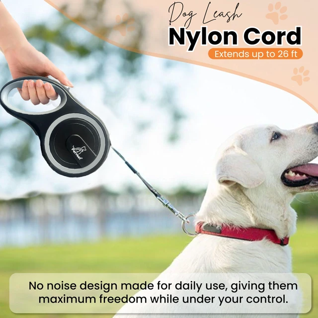 Alt view image 3 of 7 - Retractable Dog Leash Extendable up to 26 FT, Heavy Duty Nylon Tape, No-Tangle, One-Handed Brake & Lock, for Small to X-Large Dogs up to 110 lbs (Black)