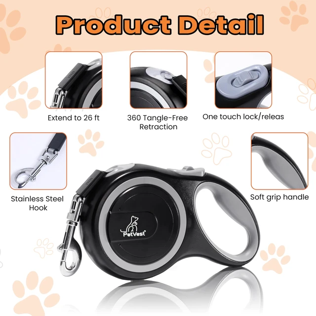 Alt view image 4 of 7 - Retractable Dog Leash Extendable up to 26 FT, Heavy Duty Nylon Tape, No-Tangle, One-Handed Brake & Lock, for Small to X-Large Dogs up to 110 lbs (Black)