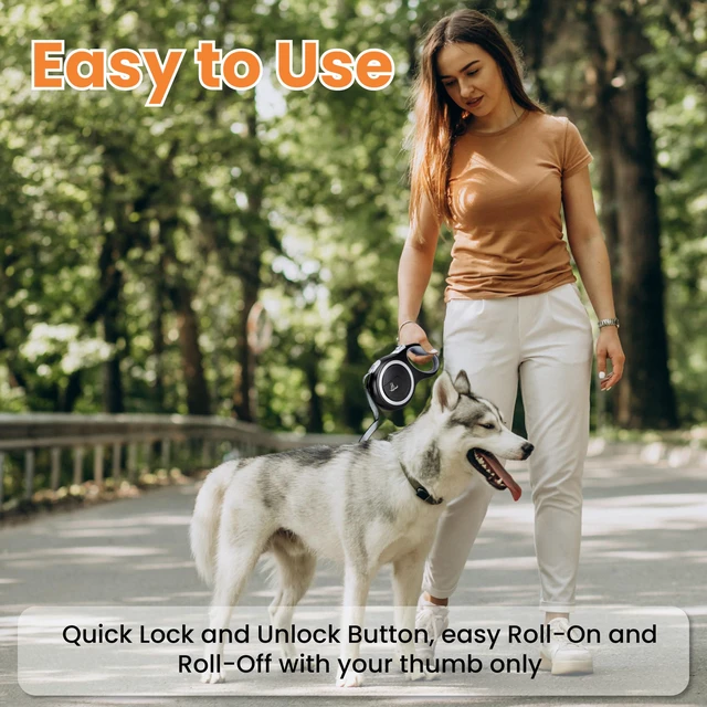 Alt view image 5 of 7 - Retractable Dog Leash Extendable up to 26 FT, Heavy Duty Nylon Tape, No-Tangle, One-Handed Brake & Lock, for Small to X-Large Dogs up to 110 lbs (Black)
