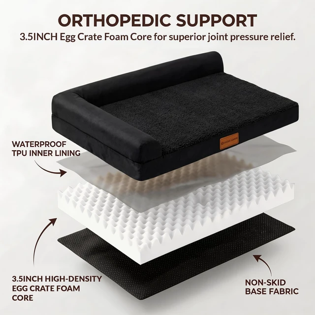 Alt view image 4 of 7 - Orthopedic Large Dog Bed Washable Pet Sofa Bed 36''X24'' Black | 2-Sided Bolster Egg-Crate Foam Dog Couch Large Sized Dogs, Waterproof Removable Washable Cover, Nonskid Bottom Pet Crate Mat