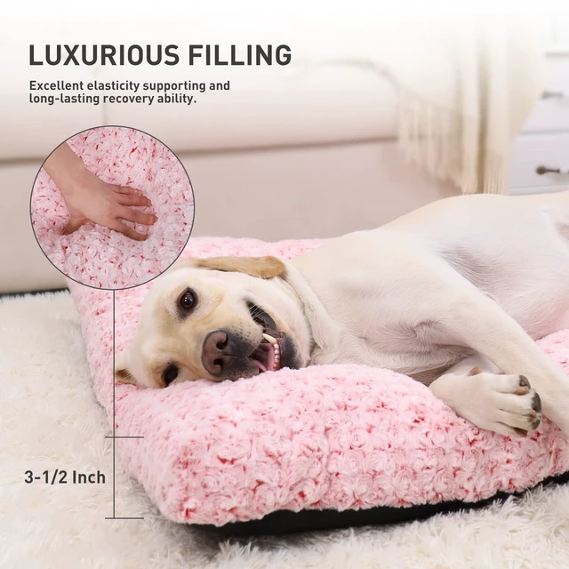Alt view image 3 of 6 - Washable Dog Bed Medium Size Dog Crate Bed Plush Pet Mat 35"x23" Pink | Deluxe Plush Comfy Kennel Pad, Anti-Slip Bottom,Deep Sleeping Mat for Medium Dogs,Machine Washable for Easy Cleaning