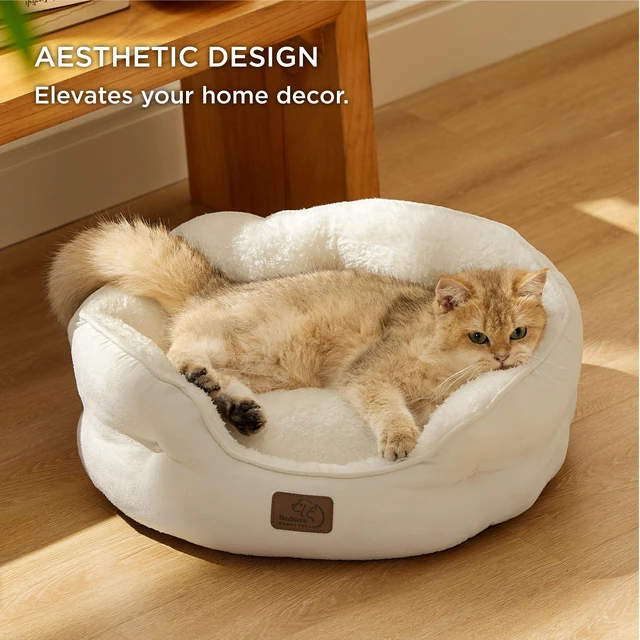 Alt view image 6 of 7 - Small Dog Bed Washable,Round Cat Beds for Indoor Cats,20in Ivory | Soft Plush Pet Bed,Dog Beds for Small Dogs for Puppy and Kittens,Anti-Slip Bottom,Easy to Clean