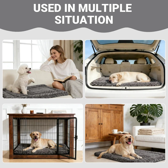 Alt view image 2 of 7 - Washable Dog Bed Mat Large Size Fluffy Pet Crate Pad 42x28 XL | Non-Slip Bottom Kennel Beds Ultra Soft Comfy Sleeping Mattress for Large Medium Small Dogs Gray