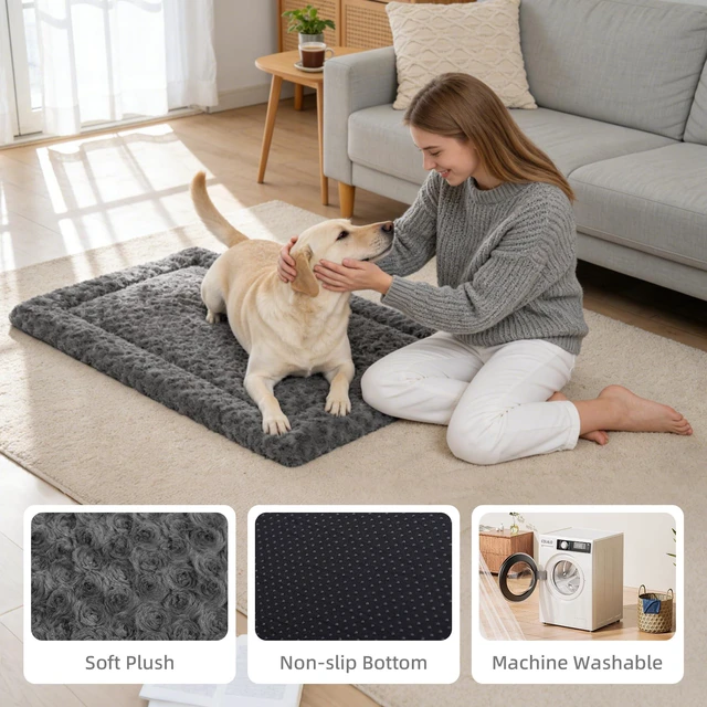 Alt view image 5 of 7 - Washable Dog Bed Mat Large Size Fluffy Pet Crate Pad 42x28 XL | Non-Slip Bottom Kennel Beds Ultra Soft Comfy Sleeping Mattress for Large Medium Small Dogs Gray