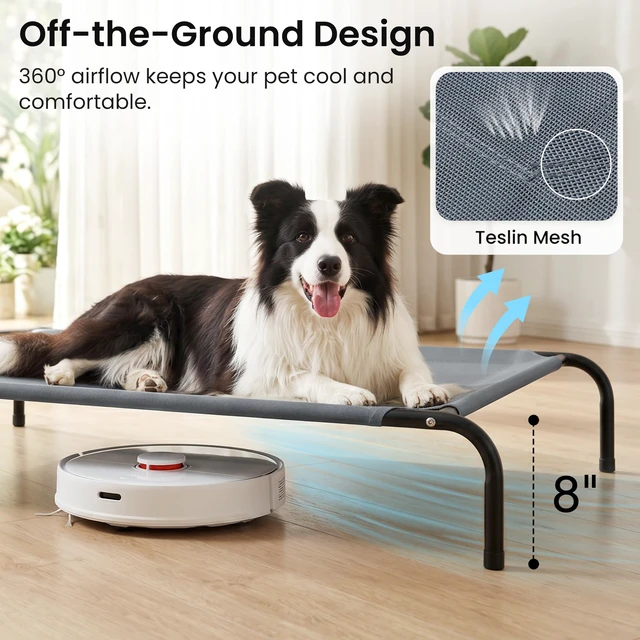 Alt view image 2 of 7 - Elevated Cooling Dog Bed for Large Dogs, Portable Indoor & Outdoor Raised Pet Dog Cat Cot, Durable Summer Frame with Breathable Mesh, Grey, 48 inches