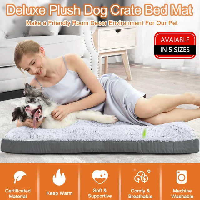 Alt view image 2 of 6 - Deluxe Washable Dog Bed for Large Dogs Dog Crate Mat 35 Inch Comfy Fluffy Kennel Pad Anti-Slip for Dogs Up to 60 lbs, 35" x 23", Grey
