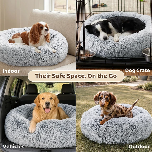Alt view image 6 of 7 - Small Dog Bed, Calming Soft Anti-Anxiety Donut Cat Bed, Washable Round Fluffy Cushion for Small and Medium Pets (20")