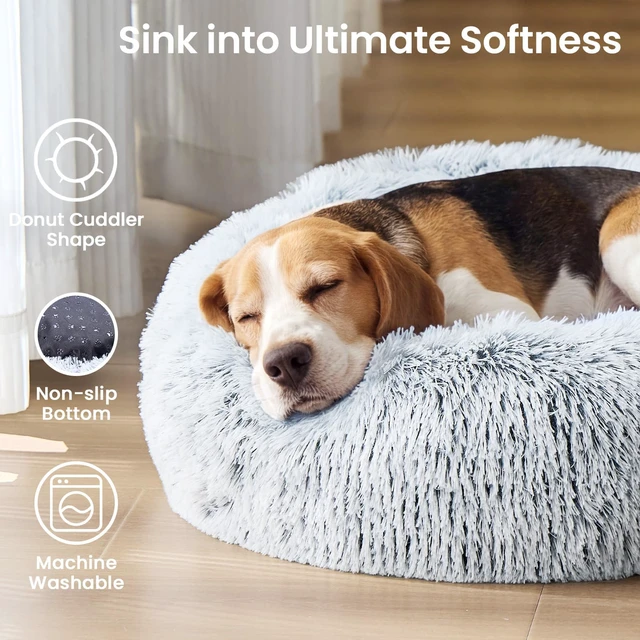 Alt view image 2 of 7 - Small Dog Bed, Calming Dog Beds for Small Dogs & Indoor Cats - 20 Inches Donut Washable Cat Bed for Kittens & Puppies, Round Fluffy Plush Faux Fur Pet Beds(Smoke Grey)