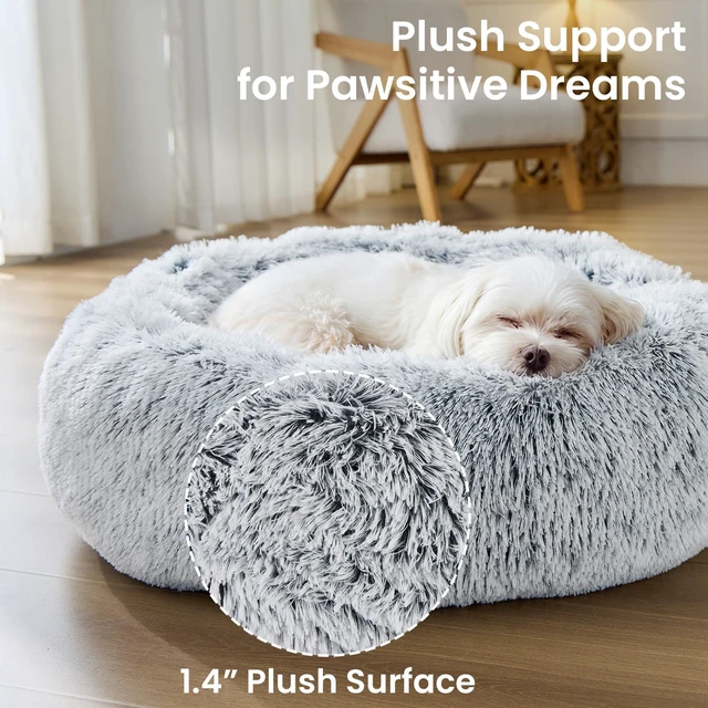 Alt view image 4 of 7 - Small Dog Bed, Calming Dog Beds for Small Dogs & Indoor Cats - 20 Inches Donut Washable Cat Bed for Kittens & Puppies, Round Fluffy Plush Faux Fur Pet Beds(Smoke Grey)