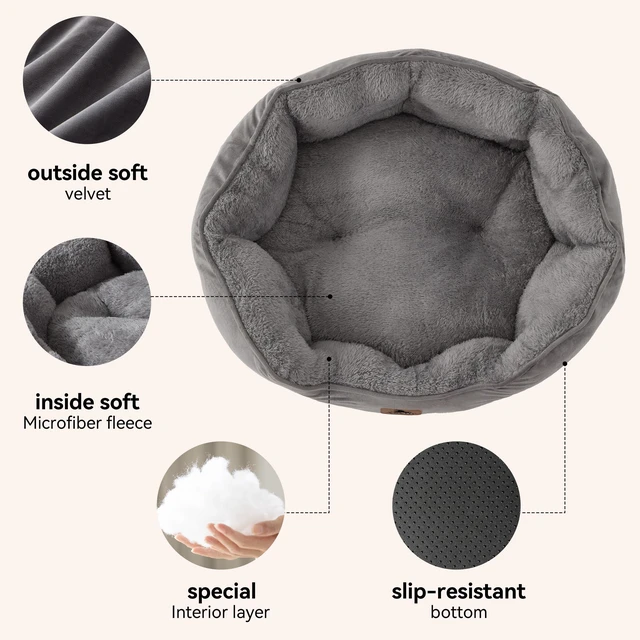 Alt view image 3 of 7 - Small Dog Bed for Small Dogs, Cat Beds for Indoor Cats, Pet Bed for Puppy and Kitty, Extra Soft & Machine Washable with Anti-Slip & Water-Resistant Oxford Bottom, Grey, 20 inches