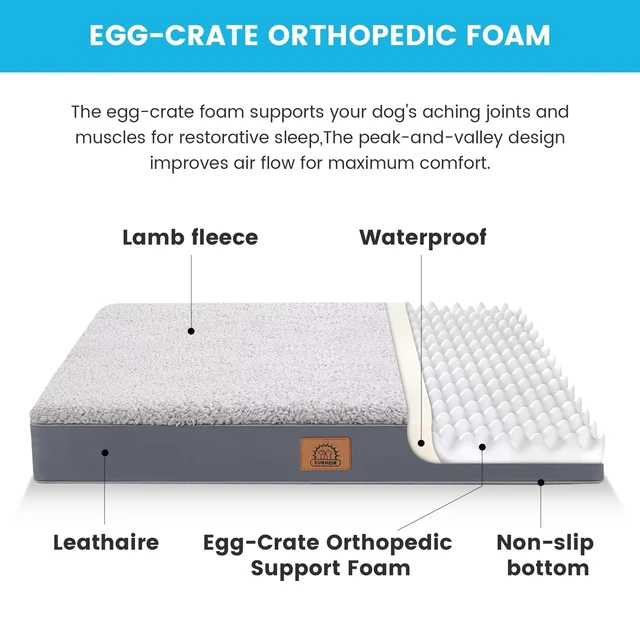 Alt view image 2 of 6 - Washable Orthopedic Large Dog Bed with Removable Cover, Pet Bed Mat | Big Waterproof Dog Crate Bed, Egg Crate Foam Support, Anti-Slip Bottom, Easy-Clean, Soft Plush Dog Beds Large Sized Dog, Grey