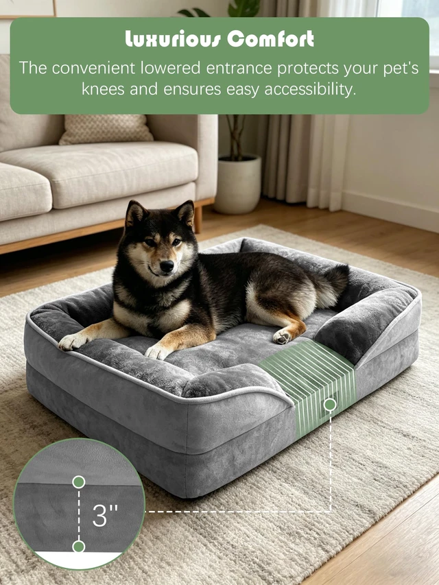 Alt view image 3 of 7 - Orthopedic Dog Bed with Sides - Dog Sofa Beds for Medium Dogs, Supportive Foam Pet Couch Bed with Washable Removable Cover, Waterproof Lining and Non-Slip Bottom, Grey - M