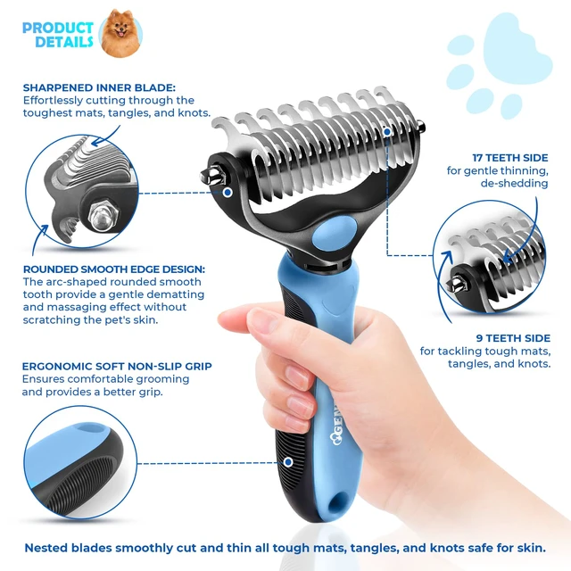 Alt view image 2 of 7 - Undercoat Rake for Dogs & Cats, Dematting Comb with Extra Wide Double-Sided Stainless Steel Teeth for Detangling, Deshedding, Brushing, Thinning & Removing Shed Fur, Knots, Mats, and Tangles in Pets