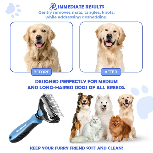 Alt view image 5 of 7 - Undercoat Rake for Dogs & Cats, Dematting Comb with Extra Wide Double-Sided Stainless Steel Teeth for Detangling, Deshedding, Brushing, Thinning & Removing Shed Fur, Knots, Mats, and Tangles in Pets