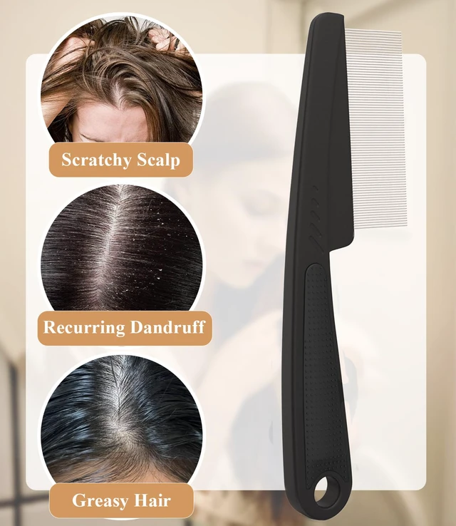 Alt view image 5 of 7 - Dandruff Comb Removal 0.5mm Metal Fine Tooth Scalp Detox Hair Care Tool 1PC |Build Up Flakes Lice Comb, Stainless Steel Teeth, Self Cleaning, Scalp Massage, Anti Slip Handle, for Women Men Kids, Black