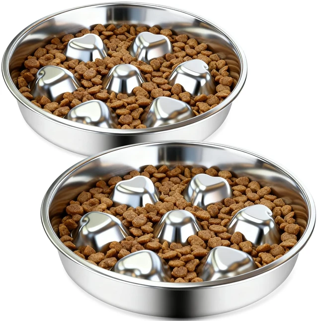 Main image of 2 Pack Stainless Steel Slow Feeder Dog Bowls, Non-Slip Metal Pet Bowls for Fast Eaters, Anti-Gulping Bloat Prevention Dog Food Bowls, Easy to Clean for Small Breeds