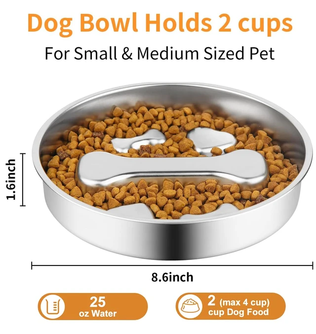 Alt view image 2 of 7 - Stainless Steel Slow Feeder Dog Bowls,2 Pcs Slow Food Bowl for Dog & Cat - 2 Cups Capacity,Bone-Shaped Design Pet Food Holder,Metal Non-Slip Lick Plate,Puzzle Maze Dish for Small & Medium Sized Breeds