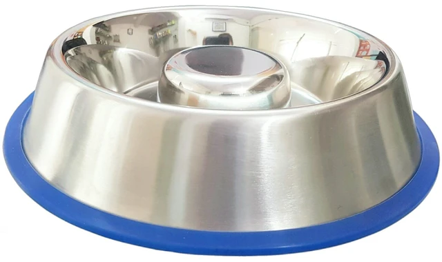 Main image of Stainless Steel Interactive Slow Feed Dog Bowl with a Blue Silicone Base, Fun Healthy Bloat Stop Feeder (Medium)