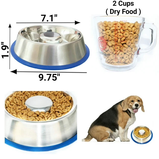 Alt view image 2 of 7 - Stainless Steel Interactive Slow Feed Dog Bowl with a Blue Silicone Base, Fun Healthy Bloat Stop Feeder (Medium)