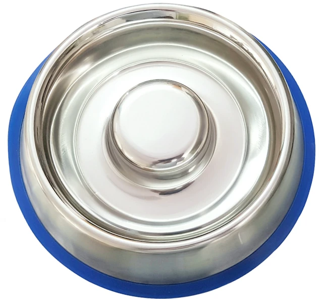 Alt view image 5 of 7 - Stainless Steel Interactive Slow Feed Dog Bowl with a Blue Silicone Base, Fun Healthy Bloat Stop Feeder (Medium)
