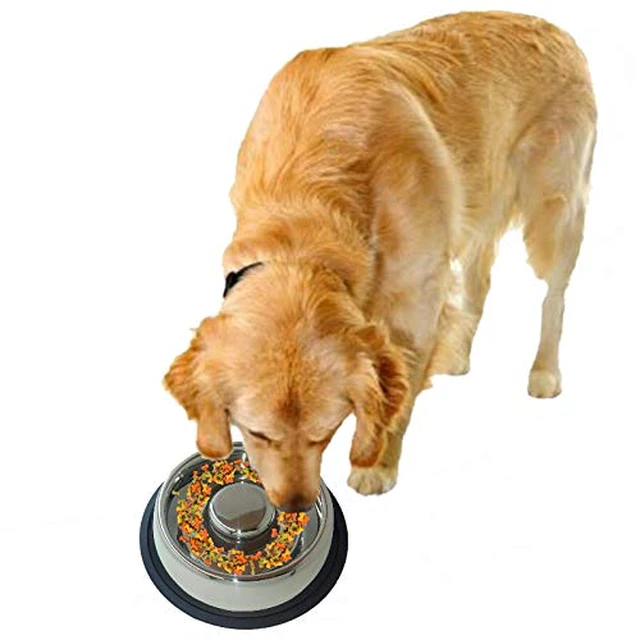 Alt view image 7 of 7 - Stainless Steel Interactive Slow Feed Dog Bowl with a Blue Silicone Base, Fun Healthy Bloat Stop Feeder (Medium)