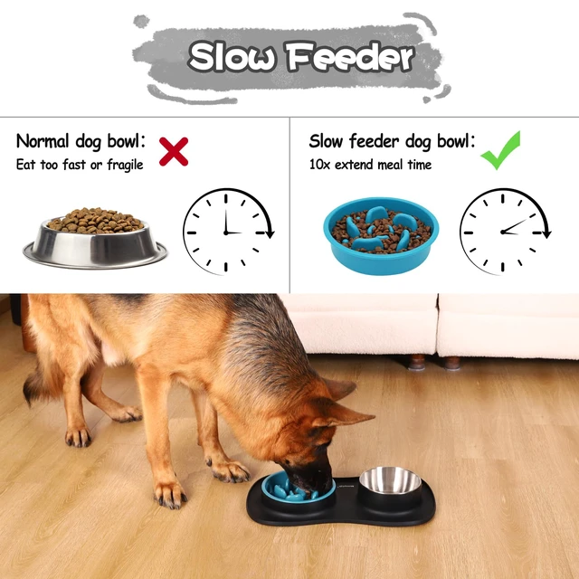 Alt view image 2 of 7 - Dog Food and Water Bowl Set 3 in 1, Slow Feeder Dog Bowls & Stainless Steel Water Bowl with Non-Spill Silicone Mat, Cat and Puppy Bowls Pet Dishes for Small Medium Large Breed Anti-Choking