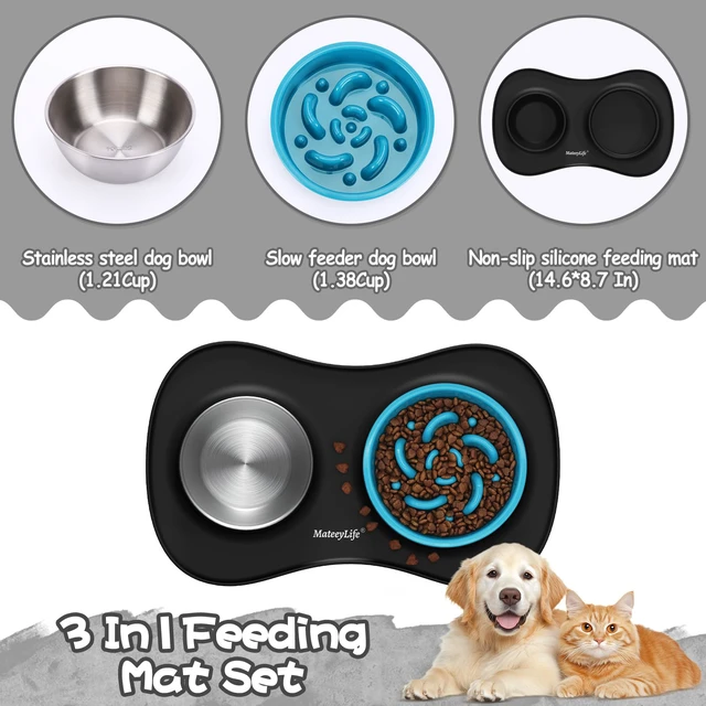 Alt view image 7 of 7 - Dog Food and Water Bowl Set 3 in 1, Slow Feeder Dog Bowls & Stainless Steel Water Bowl with Non-Spill Silicone Mat, Cat and Puppy Bowls Pet Dishes for Small Medium Large Breed Anti-Choking
