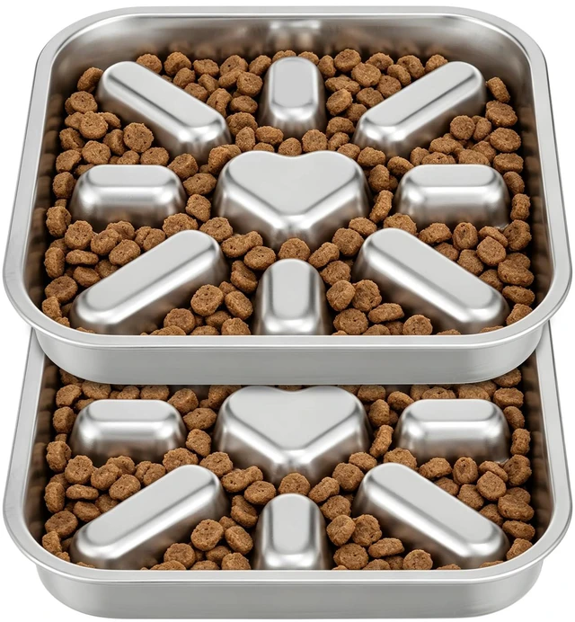 Main image of Stainless Steel Slow Feeder Dog Bowls (2 Pack,3 Cup) - Anti-Gulping | Square shape, Spacious capacity, Deep groove, Non-slip bottom, Dishwasher safe, Medium-large breeds, Durable and rustproof