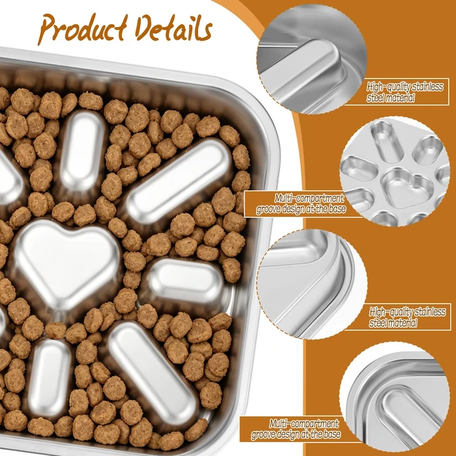 Alt view image 3 of 7 - Stainless Steel Slow Feeder Dog Bowls (2 Pack,3 Cup) - Anti-Gulping | Square shape, Spacious capacity, Deep groove, Non-slip bottom, Dishwasher safe, Medium-large breeds, Durable and rustproof