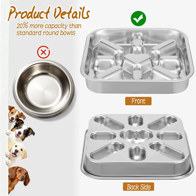 Alt view image 4 of 7 - Stainless Steel Slow Feeder Dog Bowls (2 Pack,3 Cup) - Anti-Gulping | Square shape, Spacious capacity, Deep groove, Non-slip bottom, Dishwasher safe, Medium-large breeds, Durable and rustproof