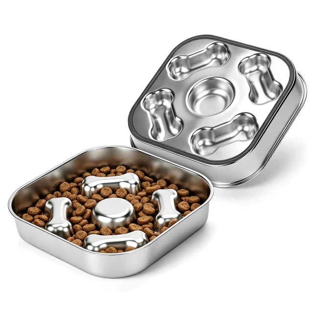 Main image of Slow Feeder Dog Bowl - 2 Cups for Medium Breeds with Non-Slip Rubber Base | 1 Pack Food-Grade Stainless Steel Double-Sided Design Puzzle Maze Metal Bowl to Slow Down Eating for Dry, Wet or Raw Food