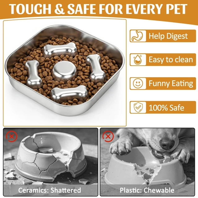 Alt view image 3 of 7 - Slow Feeder Dog Bowl - 2 Cups for Medium Breeds with Non-Slip Rubber Base | 1 Pack Food-Grade Stainless Steel Double-Sided Design Puzzle Maze Metal Bowl to Slow Down Eating for Dry, Wet or Raw Food