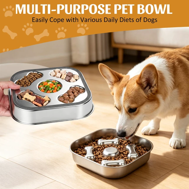 Alt view image 5 of 7 - Slow Feeder Dog Bowl - 2 Cups for Medium Breeds with Non-Slip Rubber Base | 1 Pack Food-Grade Stainless Steel Double-Sided Design Puzzle Maze Metal Bowl to Slow Down Eating for Dry, Wet or Raw Food