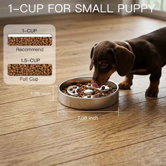 Alt view image 4 of 7 - Slow Feeder Dog Bowls, 1Cup for Small Puppy, 1Pack | Food-Grade Double-Wall Stainless Steel, Heavy Duty with Non-Slip Rubber Base, Anti-Choking Puzzle Bowl to Slow Down Eating