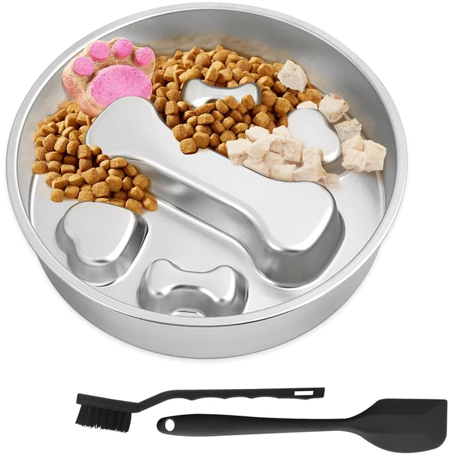 Main image of Slow Feeder Dog Bowls, Stainless Steel Slow Feed Bowl for Dogs and Cats, Dual Function Slow Food & Snack Bowls, Equipped with Brush and Scraper