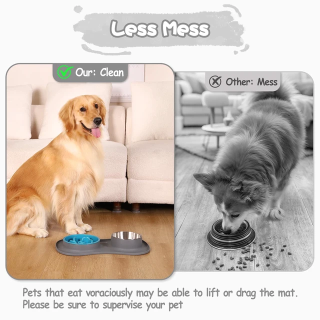Alt view image 4 of 5 - Dog Food and Water Bowl Set 3 in 1, Slow Feeder Dog Bowls & Stainless Steel Water Bowl with Non-Spill Silicone Mat, Cat and Puppy Bowls Pet Dishes for Small Medium Large Breed Anti-Choking