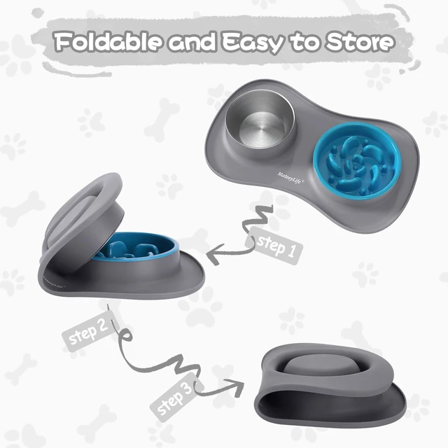 Alt view image 5 of 5 - Dog Food and Water Bowl Set 3 in 1, Slow Feeder Dog Bowls & Stainless Steel Water Bowl with Non-Spill Silicone Mat, Cat and Puppy Bowls Pet Dishes for Small Medium Large Breed Anti-Choking