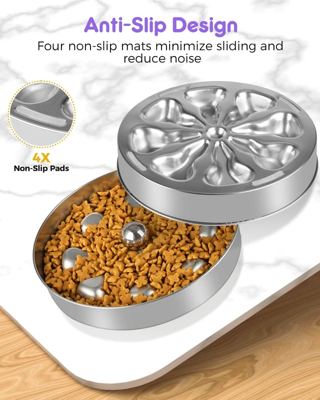 Alt view image 5 of 7 - Slow Feeder Dog Bowls Stainless Steel Non-Slip Metal Bowl for Slow Feeding, 5 Cups Large Capacity, Double-Sided Design for Dry, Wet, or Raw Food, Ideal for Small, Medium, Large Dogs