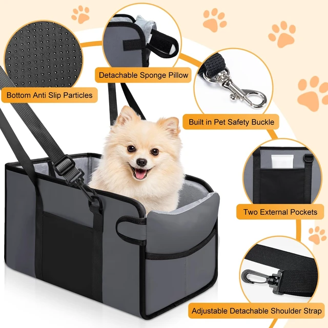 Alt view image 3 of 7 - Portable Dog Car Seat for Small Dogs, Puppy Car Seat, Grey | Booster Seat With Safety Leash & Adjustable Straps Keeps Small Dogs Secure. Removable Washable Cushion. Fits Most Cars.