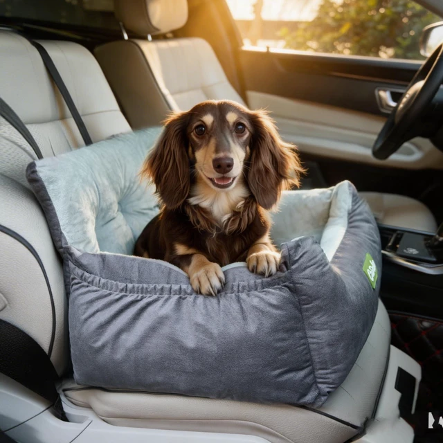 Main image of Dog Car Seat with Safety Clip & Pockets for Small Dogs, Gray | up to 23lbs, Soft Comfy Pet Carseat, Fully Washable Travel Dog Car Bed, with Detachable Reversible Cushion