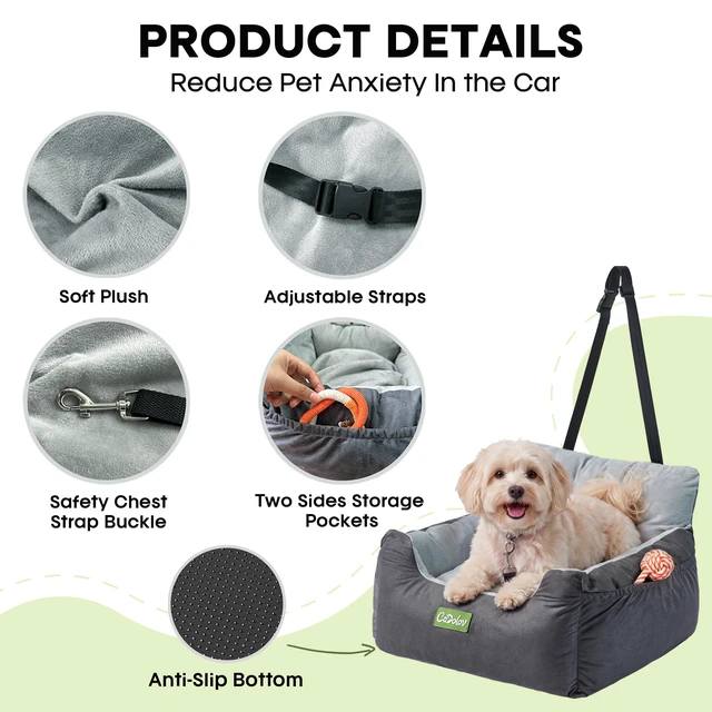 Alt view image 2 of 7 - Dog Car Seat with Safety Clip & Pockets for Small Dogs, Gray | up to 23lbs, Soft Comfy Pet Carseat, Fully Washable Travel Dog Car Bed, with Detachable Reversible Cushion
