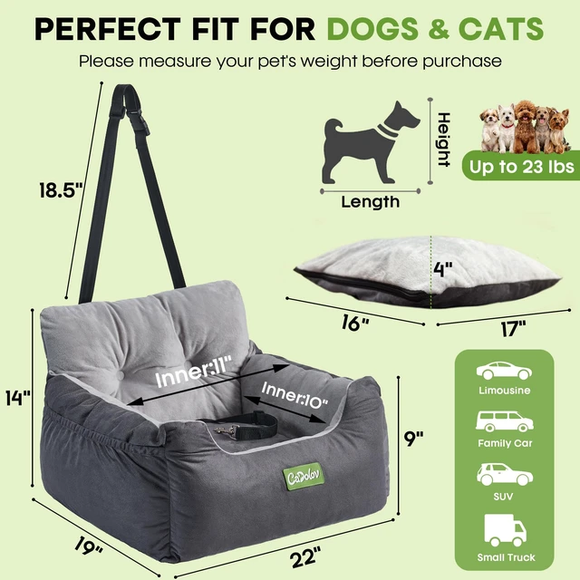 Alt view image 3 of 7 - Dog Car Seat with Safety Clip & Pockets for Small Dogs, Gray | up to 23lbs, Soft Comfy Pet Carseat, Fully Washable Travel Dog Car Bed, with Detachable Reversible Cushion